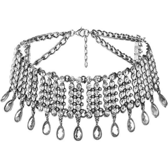 Silver Boho Crystal Rhinestone Choker Statement Necklace Chunky Tassel Jewelry - Picture 2 of 4
